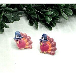 Thanksgiving Turkey Stud Earrings With Pilgrim Hats